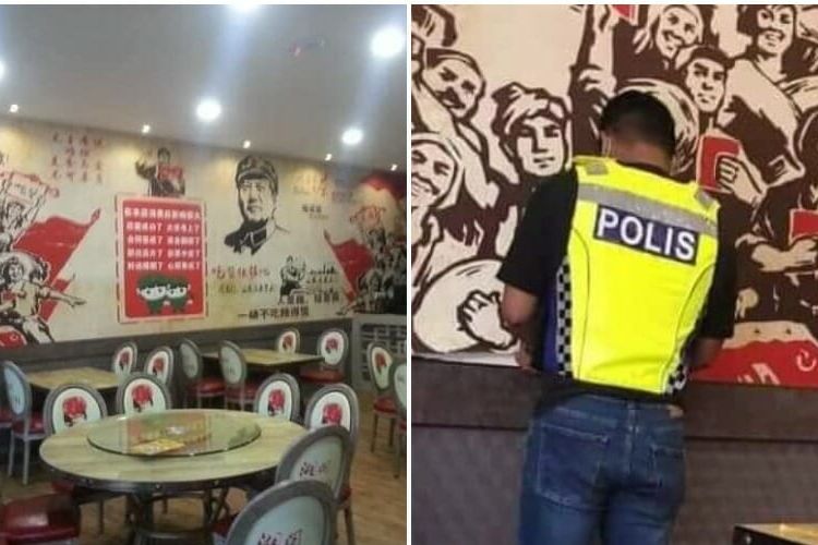 Foto kiri, sebuah restoran yang berlokasi di Juru, Penang, Malaysia, yang disorot karena menempel stiker komunis dan memerlihatkan mendiang pemimpin China, Mao Zedong. Foto kanan ketika polisi datang dan melakukan pencopotan pada 2 Januari.