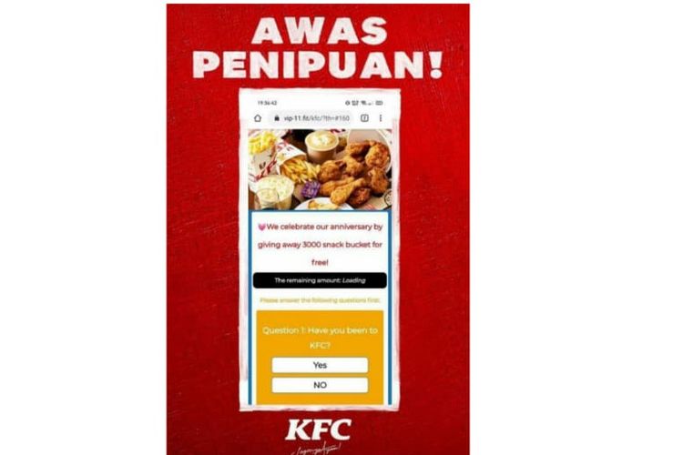 Tangkapan layar story Instagram KFC Indonesia berisi pengumuman KFC Indonesia bahwa pembagian 3.000 snack bucket adalah penipuan.
