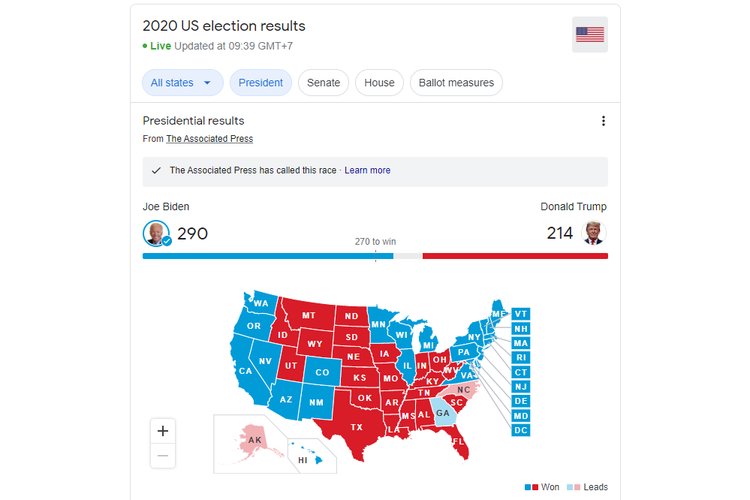 Hasil Pilpres AS 2020, Joe Biden menang dengan 290 suara elektoral.