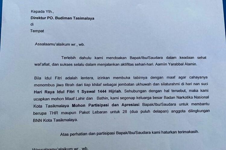 Tangkapan Layar Surat BNN Kota Tasikmalaya minta THR ke PO Budiman Tasikmalaya di media sosial.