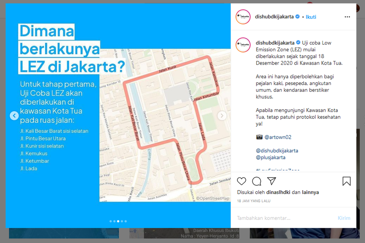 Dinas Perhubungan DKI Jakarta melakukan uji coba low emission zone di kawasan Kota Tua sejak Jumat (18/12/2020). 