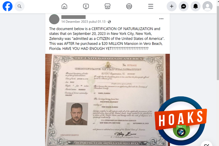 Tangkapan layar konten hoaks di sebuah akun Facebook, 14 Desember 2023, soal sertifikat naturalisasi atas nama Presiden Ukraina Volodymyr Zelenskiy.