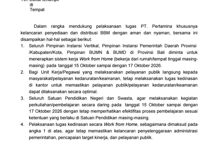 Pemprov Bali Terapkan WFH 3 Hari, Sekolah dan Kampus Beralih ke Pembelajaran Daring