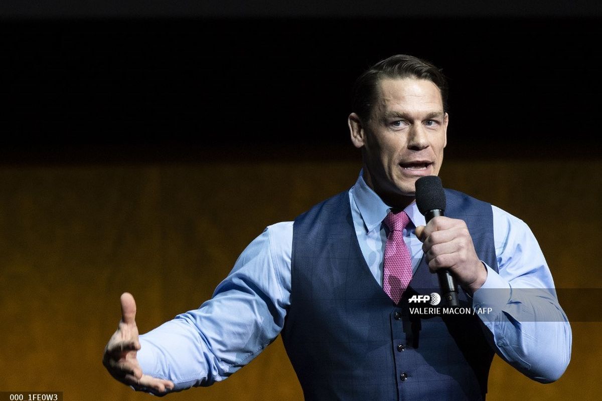 Aktor John Cena berbicara di panggung CinemaCon Paramount Pictures Exclusive Presentation di Colosseum Caesars Palace, Las Vegas, Nevada, pada 4 April 2019.