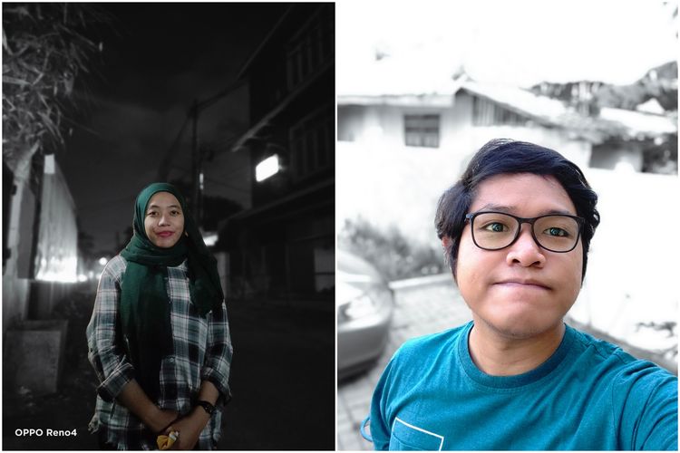 Oppo Reno 4 digunakan menjepret objek manusia menggunakan fitur AI Color Portrait. Foto di sebelah kiri diambil menggunakan kamera belakang, sementara foto di sebelah kanan memakai kamera depan. 