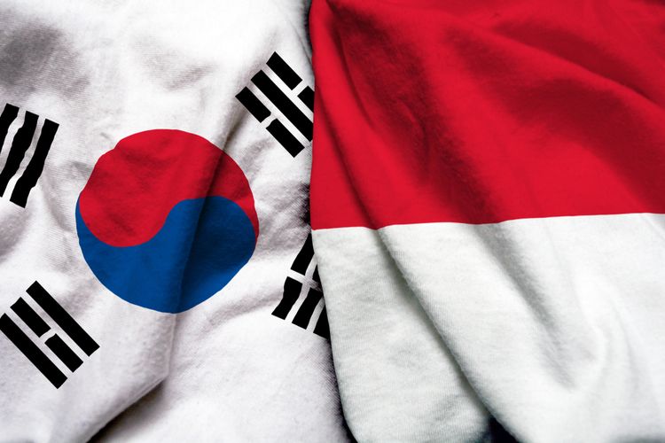 Bendera Korea Selatan dan Indonesia. Tahun ini adalah 50 tahun relasi bilateral Korea Selatan dan Indonesia.