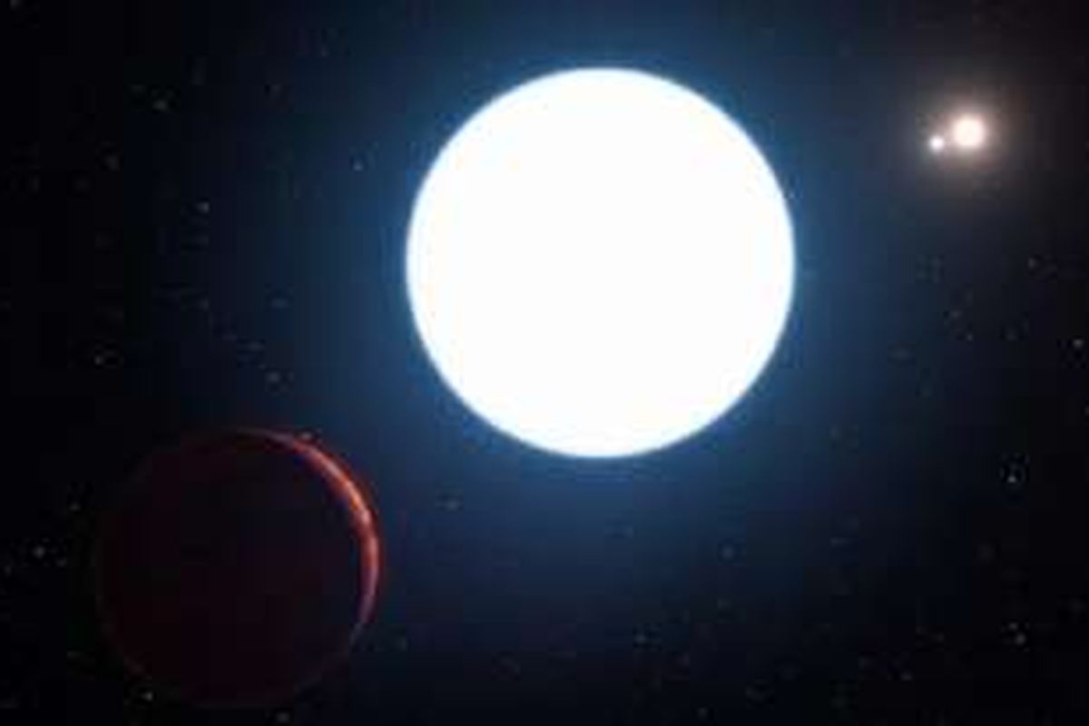 Ilustrasi tata surya HD 131399Ab, sebuah planet dengan tiga bintang.