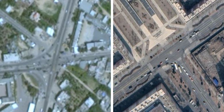 Citra Google Earth Gaza di kiri, dan di kanan citra terbaru dari Pyongyang, Korea Utara.