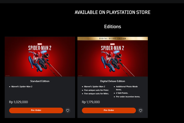 Marvel's Spider-Man 2 sudah bisa dibeli (pre-order) di wilayah Indonesia. Pre-order dapat dilakukan dengan mengunjungi situs resmi PlayStation Store Indonesia. Game ini akan meluncur secara eksklusif di PS5 pada 20 Oktober 2023.