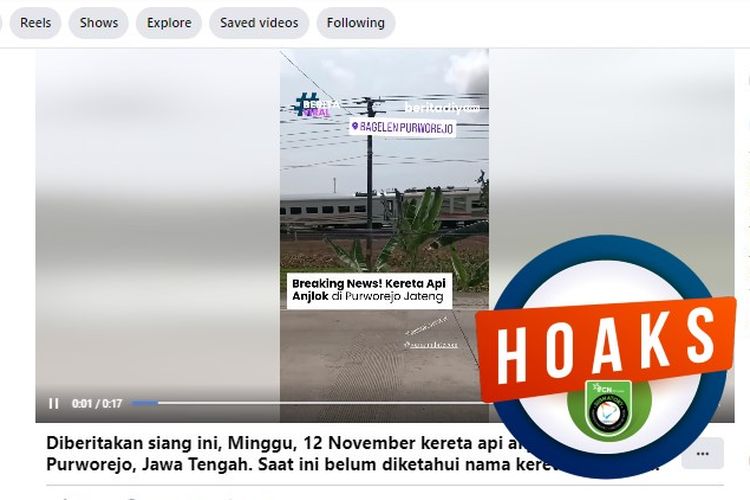 Tangkapan layar Facebook narasi yang menyebut terdapat kereta api anjlok di wilayah Bagelan, Purworejo, Jawa Tengah 