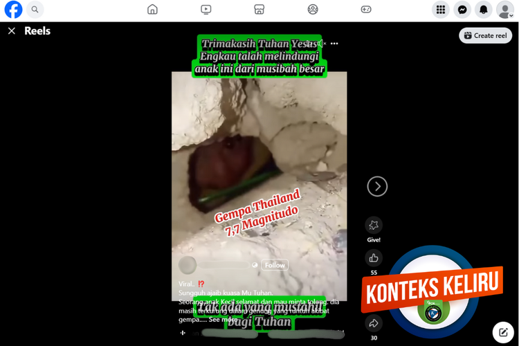 Tangkapan layar konten dengan konteks keliru di sebuah akun Facebook, Kamis (3/4/2025), mengenai video anak kecil selamat dari reruntuhan gempa yang terjadi di Thailand.