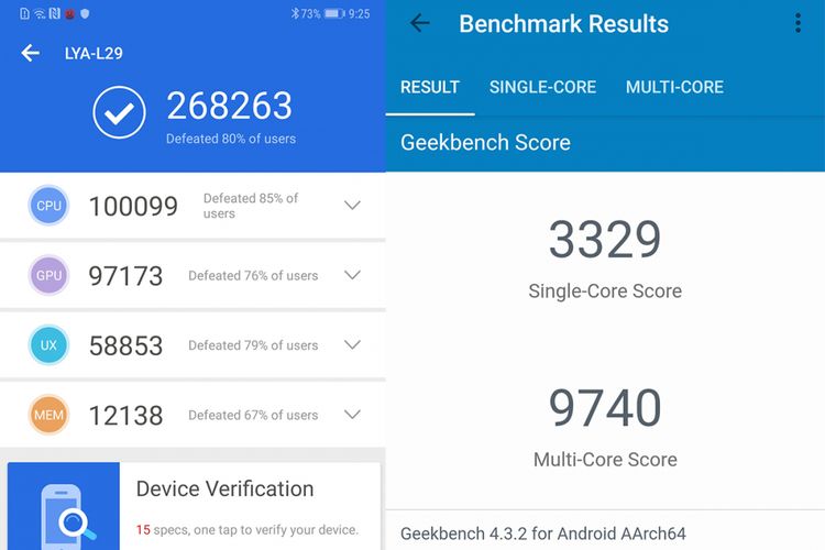 Skor benchmark AnTuTu (kiri) dan Geekbench untuk Huawei Mate 20 Pro.
