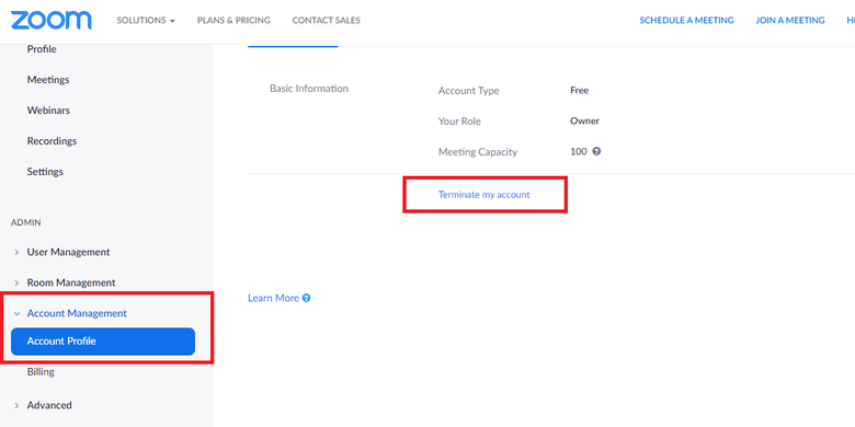 Cara menghapus akun Zoom, pilih Account Profil yang ditandai dengan kotak merah, kemudian klik Terminate my account di sebelah kanan yang juga ditandai dengan kotak merah, lanjutkan dengan memilih yes untuk menghapus akun.