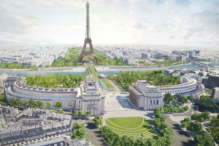 Desain ulang area penghijauan di sekitar Menara Eiffel, Paris, Perancis.