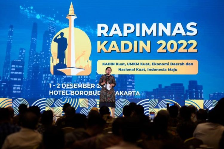 Ketua DPR RI Puan Maharani dalam Welcome Dinner Rapat Pimpinan Nasional (Rapimnas) Kadin 2022 di Jakarta, Kamis (1/12/2022).
