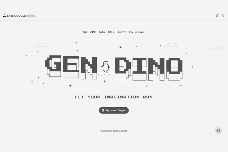 Tangkapan layar permainan eksperimental GenDino di Google Labs. Game ini memungkinkan pengguna membuat dan memainkan game bergaya DinoRun dengan bantuan AI.