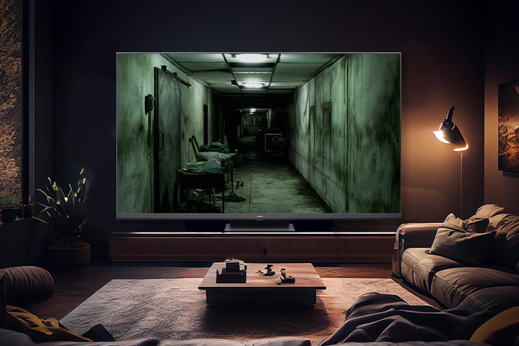 Ilustrasi menyaksikan fikm horor di rumah dengan smart TV berteknologi layaknya bioskop.