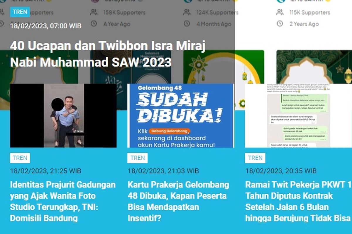 Populer Tren hingga Minggu (19/2/2023) pagi adalah ucapan Isra Miraj 2023 dan bahaya minum kopi dalam kondisi perut kosong.