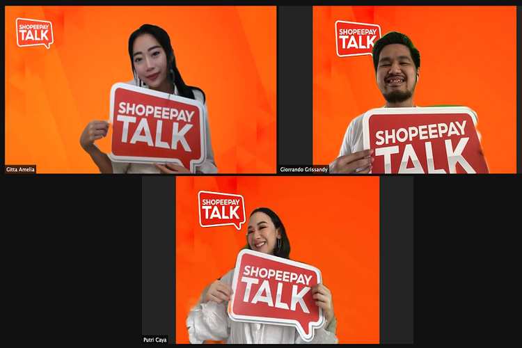 (ki-ka) Co-Founder Secondate Beauty Gitta Amelia, CEO Garis Temu Giorrando Grissandy, dan (bawah) Beauty & Lifestyle Influencer Putri Caya pada acara virtual ShopeePay Talk bertajuk Pikat Hati Masyarakat dengan Produk Lokal.