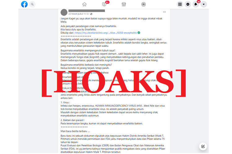 Tangkapan layar unggahan hoaks di sebuah akun Facebook, yang menyebut vaksin Pfizer yang menyebabkan penyakit ensefalitis.