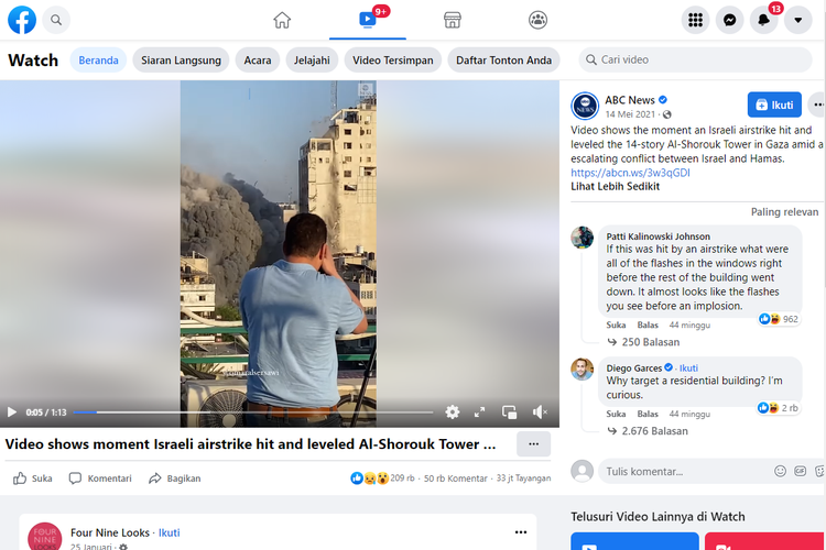 Tangkapan layar video di akun Facebook ABC News pada 14 Mei 2021, tentang serangan di Menara Al-Shorouk 14 lantai di Gaza.