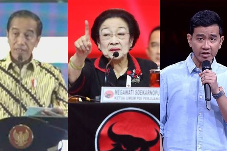 Kiri ke kanan: Presiden Joko Widodo, Ketum PDI-P Megawati Soekarnoputri, Wali Kota Solo Gibran Rakabuming Raka.