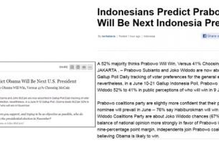 Artikel iReport (kanan) di CNN menyadur artikel Gallup (kiri) yang ditulis oleh Lydia Saad pada 16 Juni 2008.