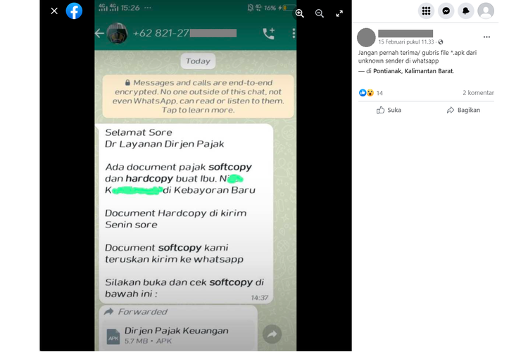 Tangkapan layar penipuan file APK mengatasnamakan Ditjen Pajak di sebuah akun Facebook, pada 15 Februari 2023, yang dikirm melalui pesan WhatsApp.
