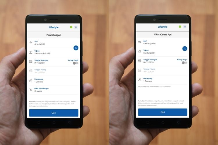 Tampilan menu pembelian tiket pesawat dan kereta di fitur Lifestyle BCA mobile