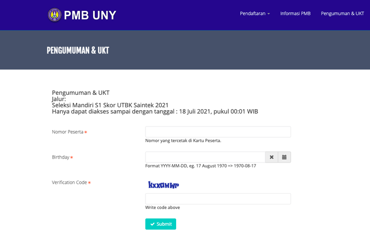 Laman web pengumuman Seleksi Mandiri UNY