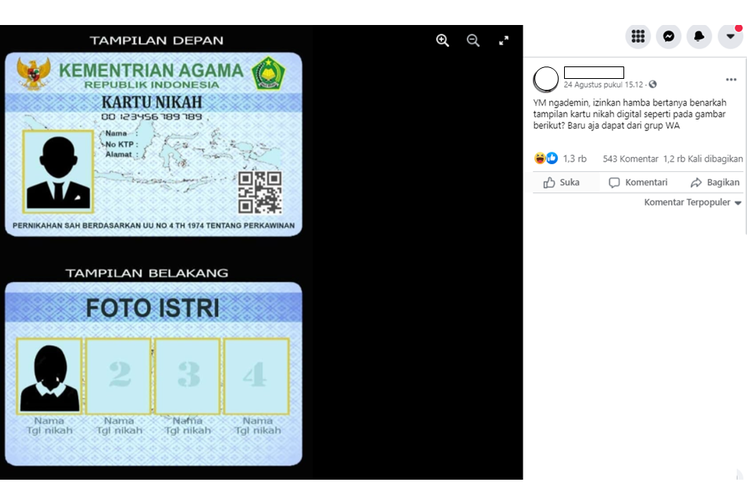 Tangkapan layar unggahan foto tampilan depan dan belakang kartu nikah tersedia empat kolom foto istri diklaim dikeluarkan dari Kementerian Agama (Kemenag).