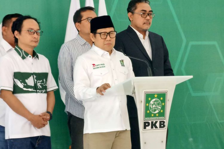 Ketua Umum DPP PKB Muhaimin Iskandar saat konferensi pers tanggapan keputusan MK terkait sistem Pemilu di Kantor DPP PKB, Jakarta Pusat, Kamis (15/6/2023).