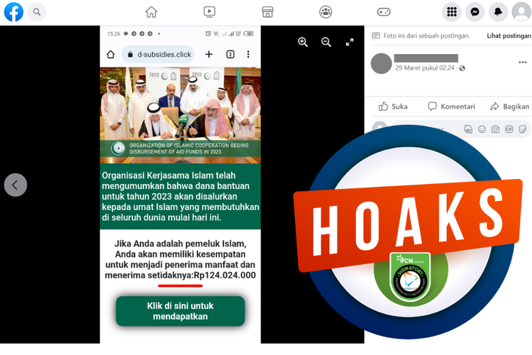Tangkapan layar unggahan dengan narasi salah di sebuah akun Facebook, Rabu (29/3/2023), soal tawaran dana bantuan Ramadhan 2023 Rp 124 juta mengatasnamakan OKI.