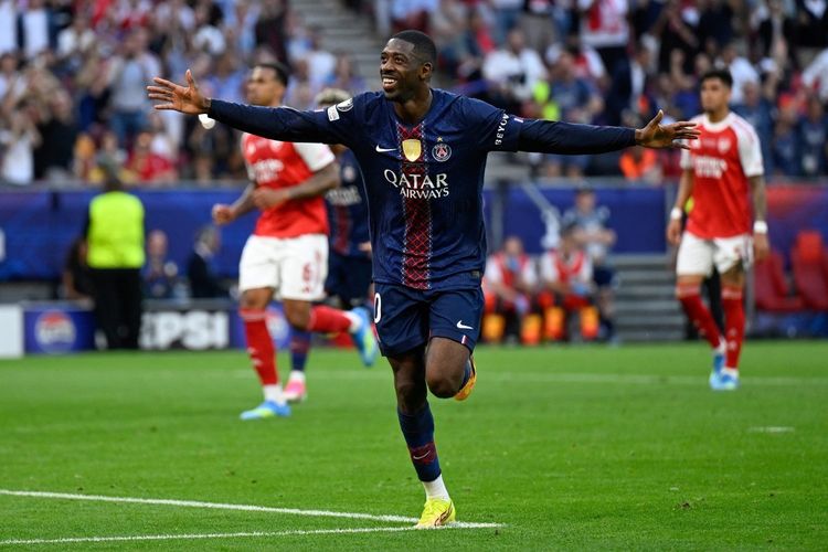 Penyerang paris Saint-Germain, Ousmane Dembele, merayakan gol penalti ke gawang Arsenal. Pertandingan final Liga Champions 2026 PSG vs Arsenal bergulir di Puskas Arena, Sabtu (30/5/2026) pukul 23.00 WIB.