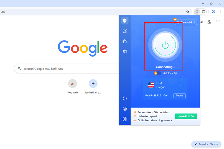 Ilustrasi cara membuat video Veo 3 dengan Gemini AI. Menginstal VPN dengan koneksi dari wilayah Amerika Serikat.