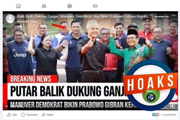Tangkapan layar Facebook narasi yang menyebut Demokrat balik arah dukung Ganjar Pranowo