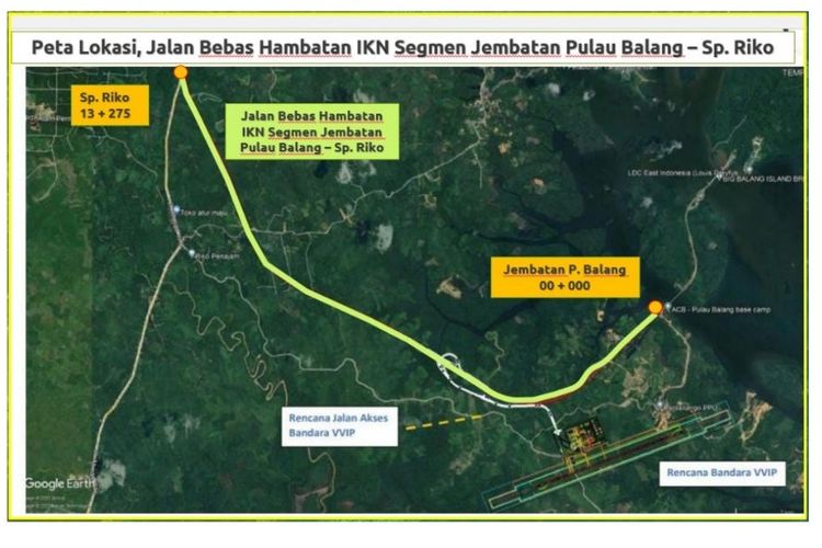 Trase proyek Jalan Bebas Hambatan IKN Segmen Jembatan Pulau Balang-Simpang Riko.