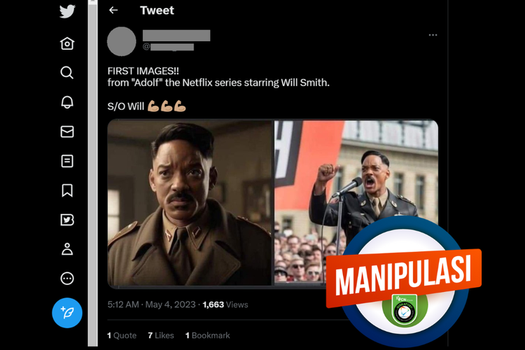 Tangkapan layar konten manipulasi di sebuah akun Twitter, 4 Mei 2023, soal film Netflix mengangkat kisah Adolf Hitler yang diperankan oleh Will Smith.