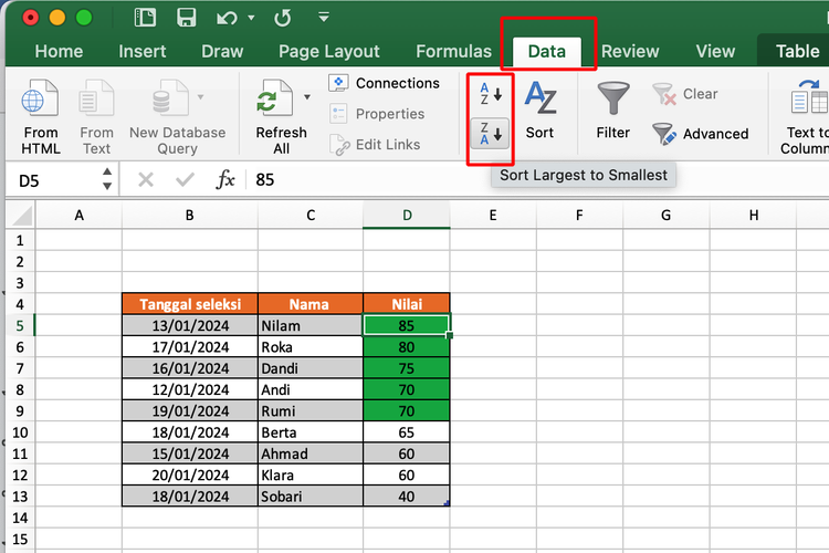 Ilustrasi cara mengurutkan angka di Excel.