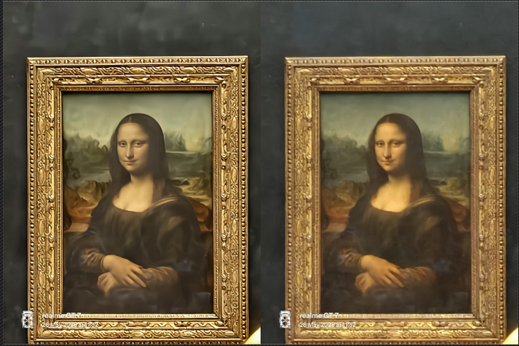 Lukisan Mona Lisa difoto dengan Realme GT 7. Kanan sebelum diedit dengan fitur AI, kiri setelah gambar dioptimalkan dengan AI.
