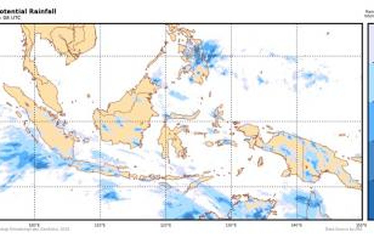 Citra satelit menunjukkan potensi hujan yang turun Sabtu (8/2/2014) pukul 15.00 WIB. Semakin tua warna biru, semakin besar kemungkinan hujan lebat.