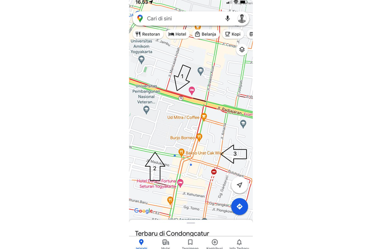 Ilustrasi warna jalan di Google Maps. (1) Jalan warna merah, (2) jalan warna hijau, dan (3) jalan warna kuning