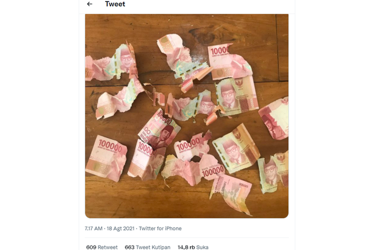 Tangkapan layar twit yang menampilkan foto sejumlah uang pecahan Rp 100.000 disebutkan rusak karena dimakan rayap.