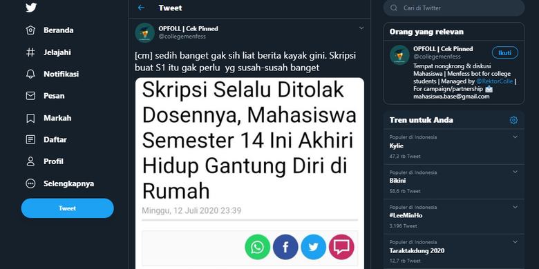 Tangkapan layar twit soal mahasiswa bunuh diri lantaran skripsinya ditolak dosen.