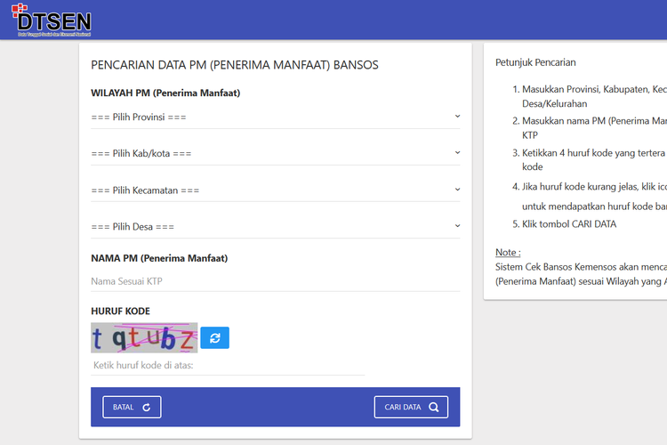 Tampilan situs resmi pemerintah untuk mengecek penerima BLT.