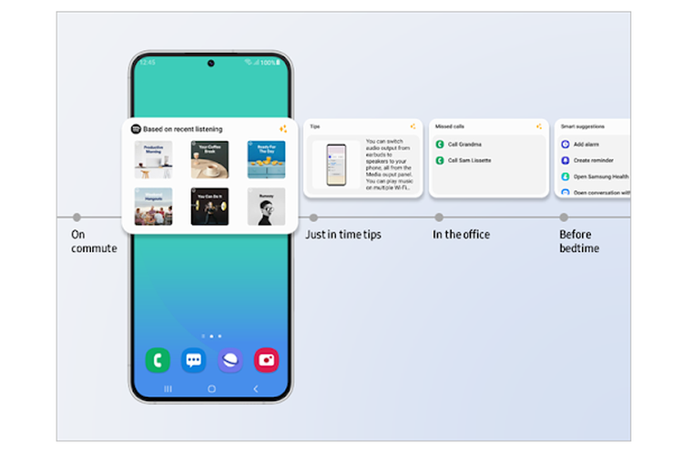 One UI 5.1 juga menyempurnakan widget Smart suggestions dengan menambahkan kemampuan untuk merekomendasikan lagu dan playlist Spotify berdasarkan aktivitas pengguna, seperti musik untuk road trip atau relaksasi.