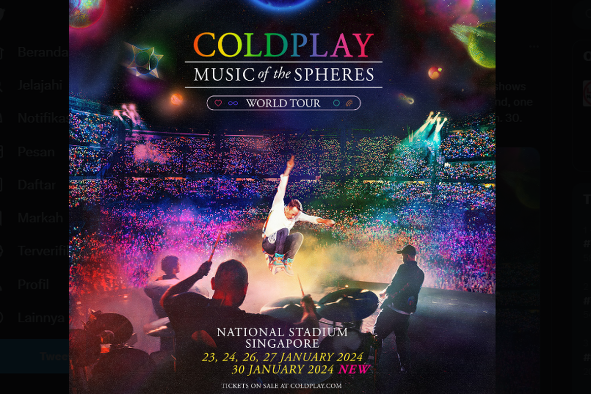 Poster konser Coldplay hari kelima, 30 Januari 2024 di Singapura.
