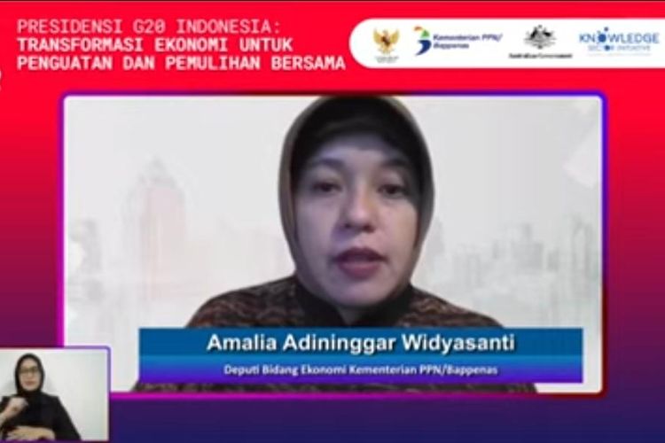 Deputi Bidang Ekonomi Kementerian PPN/Bappenas, Amalia Adininggar Widyasanti dalam agenda side event T20, Kamis (24/2/2022).