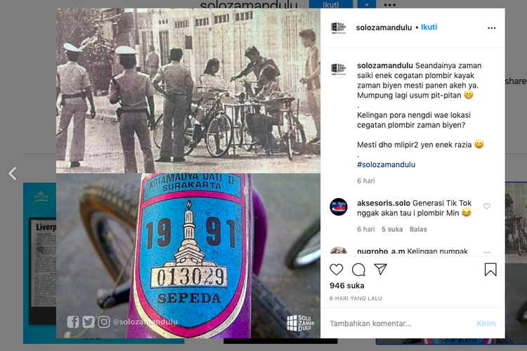 Tangkapan layar unggahan dari akun instagram @solozamandulu tentang pajak sepeda ontel