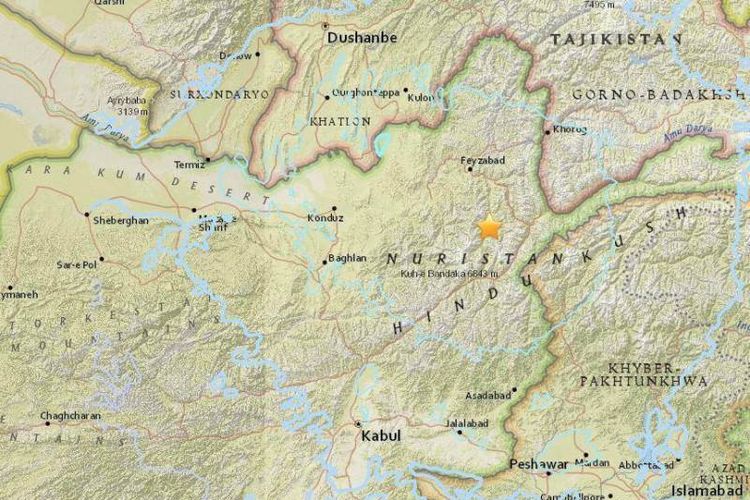 Tanda bintang merupakan lokasi episentrum gempa yang mengguncang kawasan utara Afghanistan Rabu (31/1/2018).